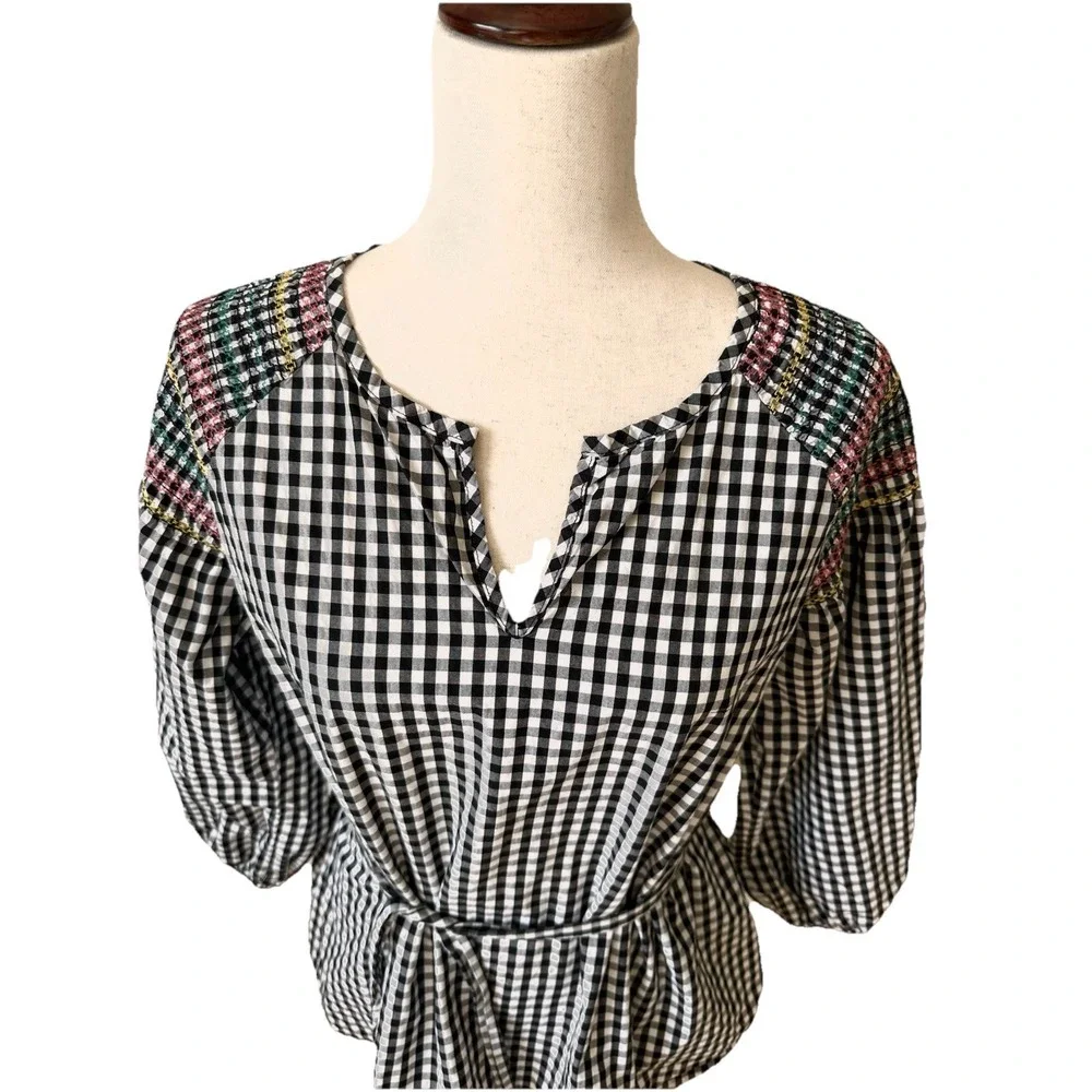 Madewell Embroidered Gingham Top Tassel Tie Peasant Puff Sleeve Plaid SZ Med